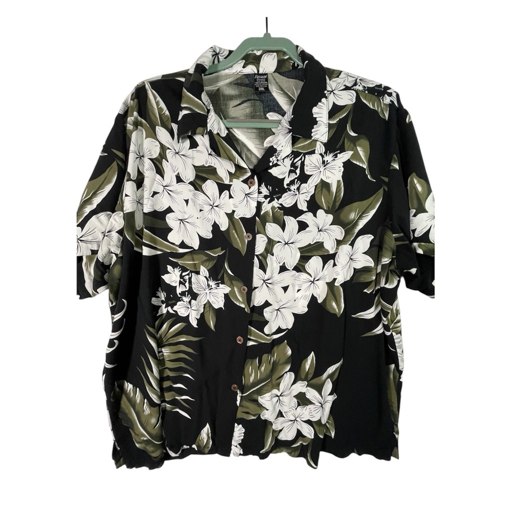 Favant 2XL Hawaiian Aloha Shirt Black White Tropical Floral Camp Collar